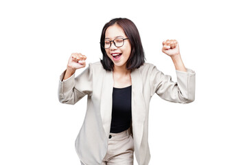 Asian businesswoman dancing isolated transparent