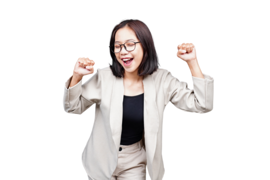 Asian businesswoman dancing isolated transparent