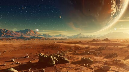 A scenic view of a rocky, golden desert on an alien planet with mountains, a crescent moon, and a giant gas planet in the distance.