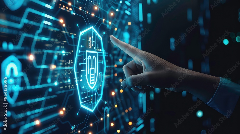 Poster hand pointing to a shield with a battery icon, representing data security.