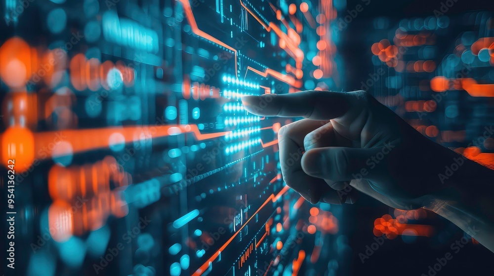 Poster a finger pointing at a glowing screen with a futuristic interface.