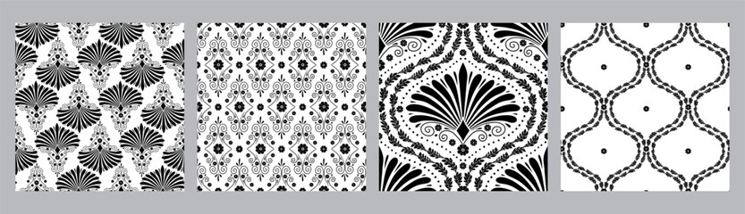 Obraz premium Set of 4 Seamless patterns with black anthemion floral shapes and ogee geometrical motifs on a white background. Monochrome classic abstract repeat wallpaper.