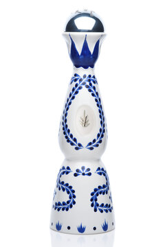 IRVINE, CALIFORNIA - 1 SEPT 2024: A bottle of Clase Azul Tequila Reposado a smooth aged tequila in an iconic ceramic decanter.
