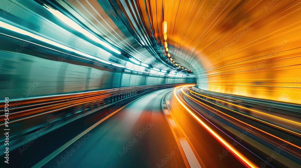 Poster abstract view of a tunnel with bright light streaks from fast moving traffic.