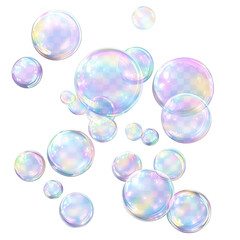 A scattering of iridescent soap bubbles of various sizes against an isolated, transparent background