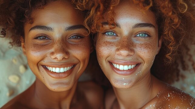 Happy Twin Sisters with Freckles Smiling at the Camera - Powered by Adobe