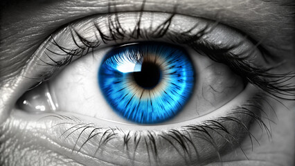 Obraz premium Black and white art image with a blue eye close-up.