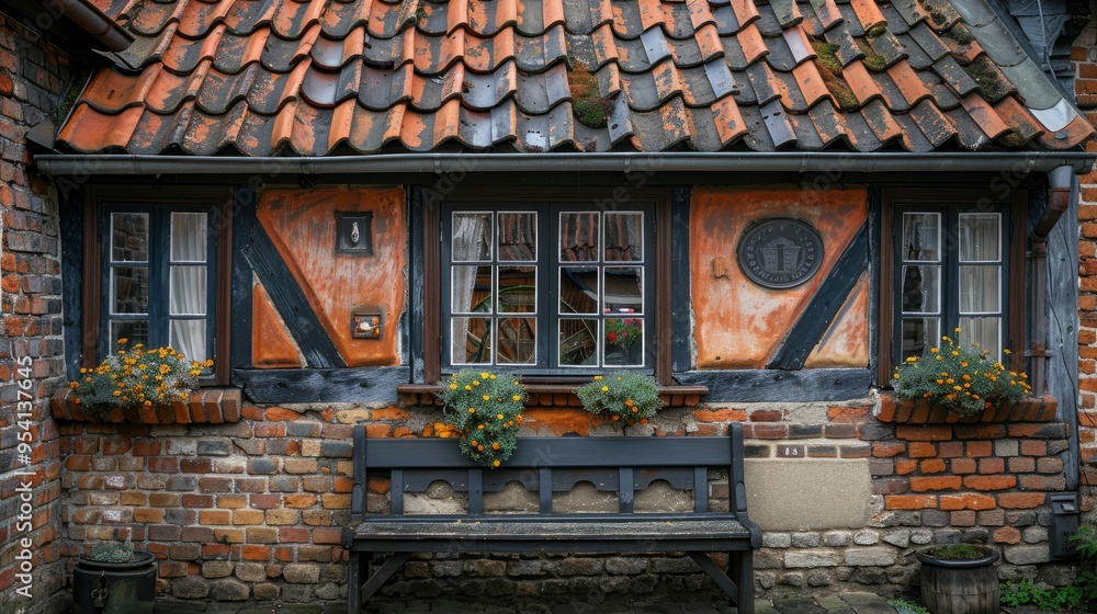 Wall mural Charming Old European House with Brick Facade and Bench