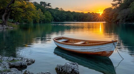 Obraz premium Serene Sunset Over Calm Lake with Rowboat