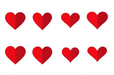 A set of red heart icons in the flat design style, with simple shapes and color blocks on a white background. Vector illustration with minimal details and no shadows