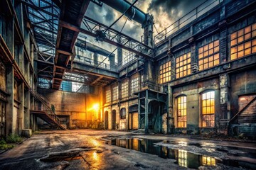 Fototapeta premium dark moody industrial atmospheric abandoned factory distressed texture rough concrete industrial decay subtle warm light gritty realism urban exploration