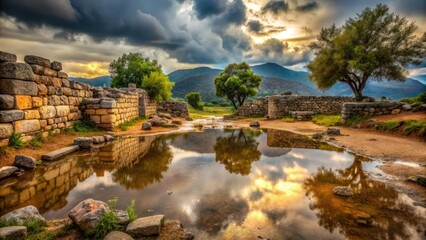 Fototapeta premium moody rainy day in Mycenae's ancient ruins with puddles reflecting historic stone structures and surrounding lush greenery