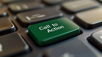 A close-up of a keyboard with a green "Call to Action" button, symbolizing urgency, digital marketing, and online engagement.
