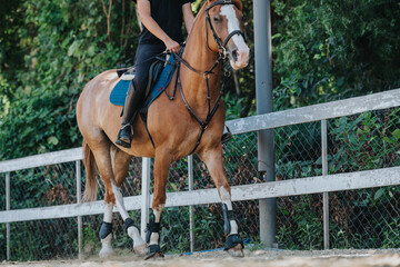 Person riding a brown horse at an outdoor equestrian facility, showcasing horseback riding and...