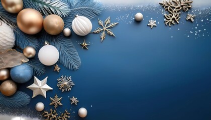 modern blue brown christmas background with stars, pine cones, snowflakes, feathers, and copper and blue christmas balls, boho style
