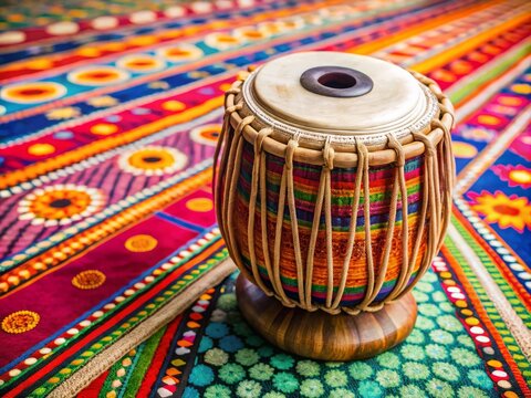 Intricately carved Indian classical instrument tabla sits on a colorful floor mat, surrounded by rhythmic patterns,