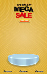 special mega sale discount portait template banner with blank space 3d podium for social media post product sale with abstract gradient yellow background design 17