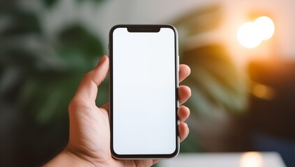 A person displaying a blank white smartphone, showcasing its clean and minimalist design against a neutral background.
