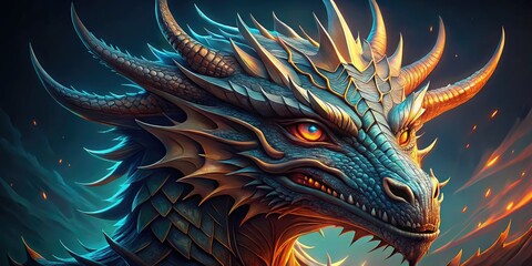 Intricately detailed illustration of a majestic dragon's head with scales, fiery eyes, and sweeping horns, set against a subtle, gradient blue background.