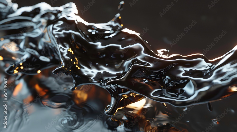 Poster abstract close-up of black liquid with a hint of gold, splashing and creating ripples.