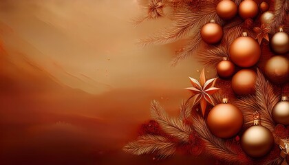 copper colored christmas background with golden colors, christmas balls, decoration