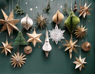 green background with paper stars and Christmas tree, Paper Art, Christmas card diy