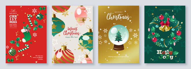 Cute Merry Christmas and Happy New Year greeting card set with typography and hand drawn festive ornaments, Christmas stocking, snow globe. Vector illustration for digital media, and printed media