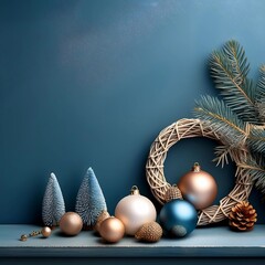 modern blue brown christmas background with stars, pine cones, snowflakes, feathers, and copper and blue christmas balls, boho style