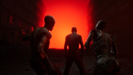 Scary rotting zombies are looking at you, zombie apocalypse horror. red tones, volumetric light, hand-held camera.