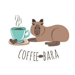 Funny Capybara with cup of cappuccino coffee and coffee beans illustration. Cute jungle animal with quote Coffeebara