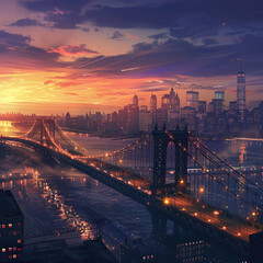 Obraz premium A stunning view of a city skyline with a bridge illuminated by streetlights during a fiery sunset with clouds streaking across the sky. Generated with AI.