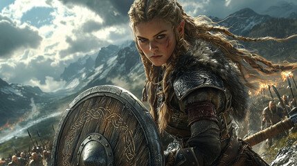 fierce dwarf shield maiden with braided hair and a weathered shield leading a charge through a valley under a stormy sky