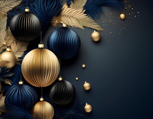 Christmas decoration in gold and black with lantern-like Christmas balls with feathers