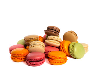 Sweet colorful macaroons isolated on a white background. Delicious colorful macarons. Sweets isolated on a white background. Photos of cookies for banners and websites.