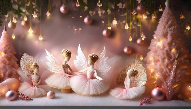 romantic background with Christmas baubles in pink and gold with elfes