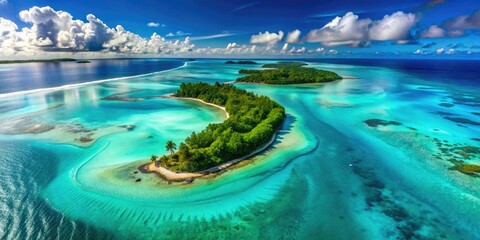 Fototapeta premium Breathtaking, aerial wave shot above turquoise lagoon, showcasing tranquil, untouched island, and subtle wave patterns, with high-contrast, vivid colors.
