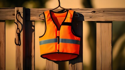 A bright life vest is suspended on a wooden fence, showcasing its vibrant color against the natural backdrop. GENERATIVE AI
