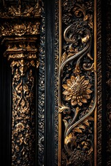 Intricate Black and Gold Floral Carving on Wooden Door