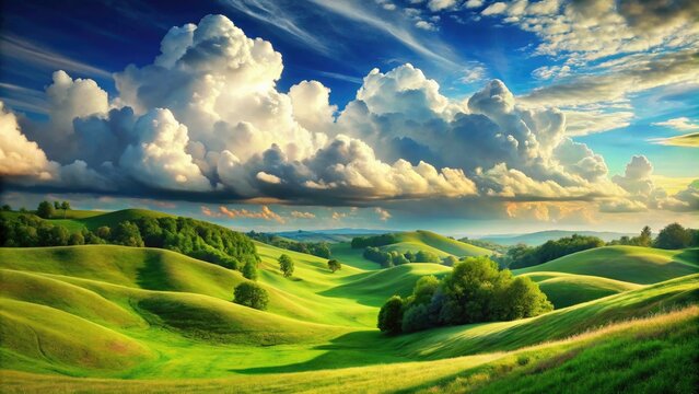 Whimsical dreamy landscape with fluffy white clouds and rolling hills covered in soft green grass texture under warm sunny blue skies