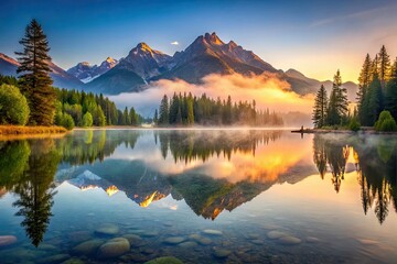 Obraz premium Breathtaking serene peaceful mountain lake landscape photograph capturing misty reflections calm waters majestic mountains and soft warm morning light.