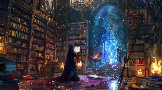 A woman in a black cloak stands in a magical library with glowing bookshelves, a glowing portal, and a burning book on a table.