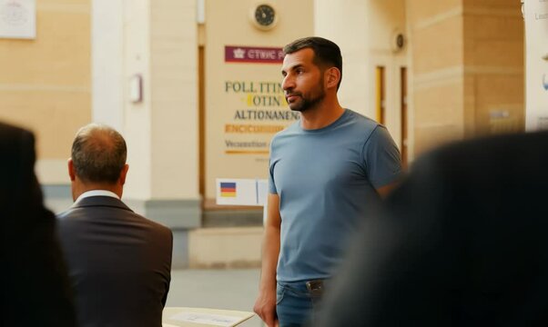Portuguese Man Waiting to Vote at Polling Station