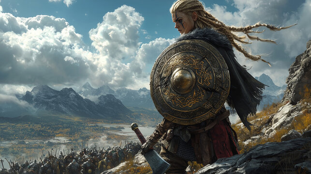 fierce dwarven shieldmaiden with braided hair holding a shield as she leads her army into battle in a snow covered valley