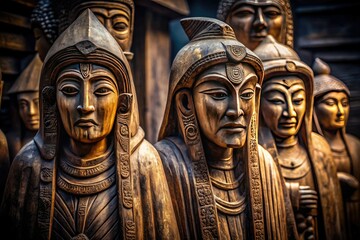 Ancient wooden statues cloaked in mystery, emerging from darkness, featuring intricate carvings, evoking ancient wisdom, shot in low key with high contrast