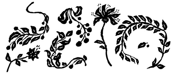 Set of abstract inky flowers sketches isolated on white. Black silhouettes of hand drawn doodle florals. Botanical monochrome illustrations bundle