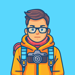 Hipster guy in yellow jacket with camera. Vector illustration.