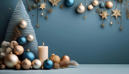 modern blue brown christmas background with stars, pine cones, snowflakes, feathers, and copper and blue christmas balls, boho style