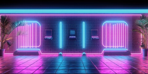 Obraz premium Retro Futuristic Neon Lights Brick Wall Background