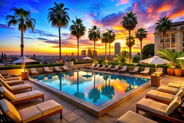 stunning Beverly Wilshire Hotel poolside scene at dusk with glamorous lounge chairs and vibrant city views in bold bright colors and lively atmosphere