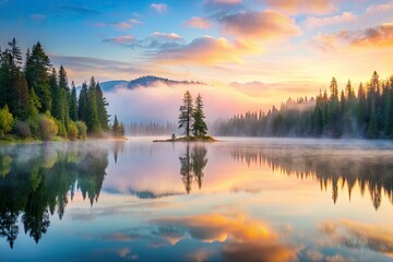 Fototapeta premium serene pacific northwest lake at dawn with misty fog rising and surrounding landscape reflected in calm water soft pastel colors peaceful contemplative atmosphere